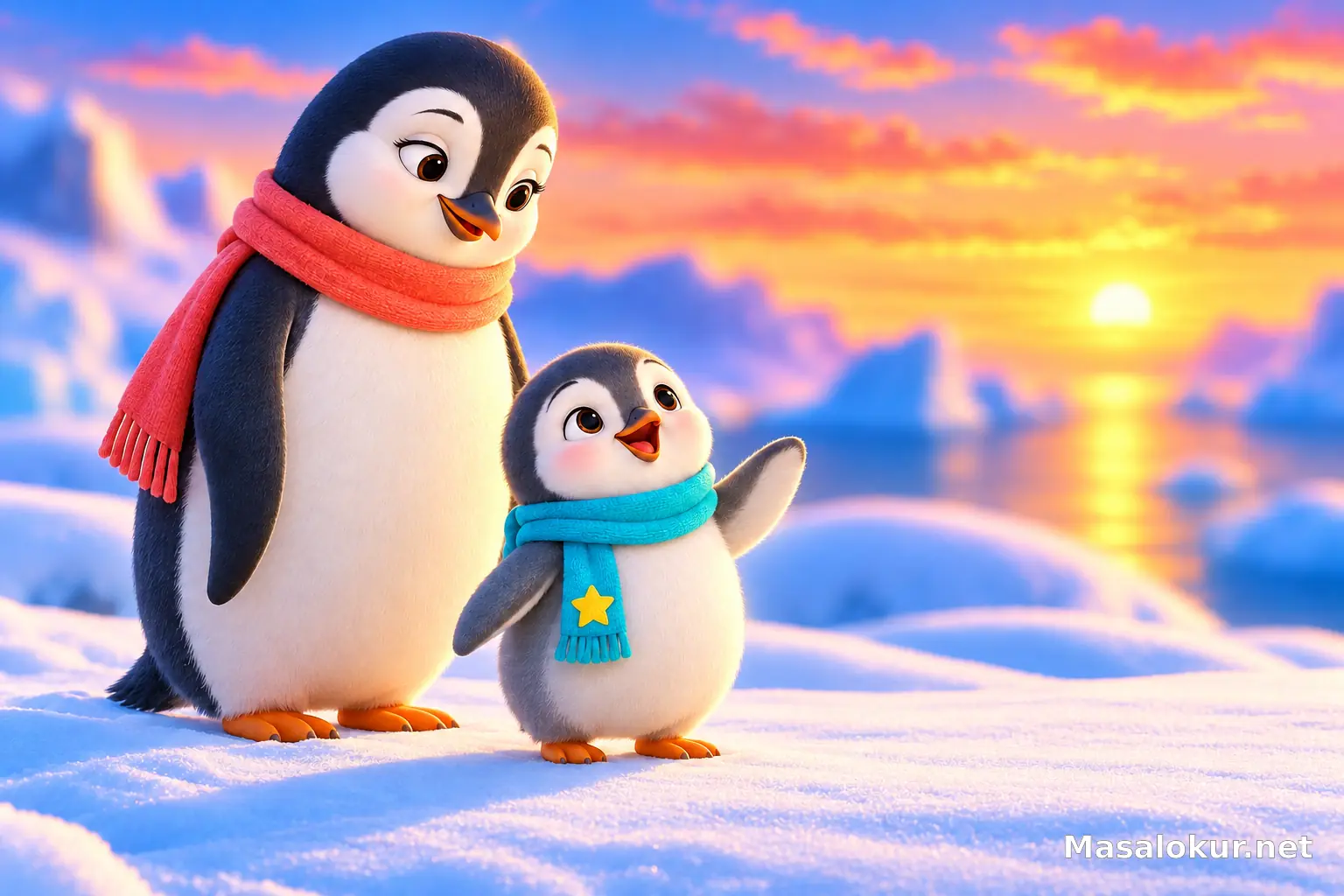 Küçük penguen annesinin yanında şarkı söylüyor