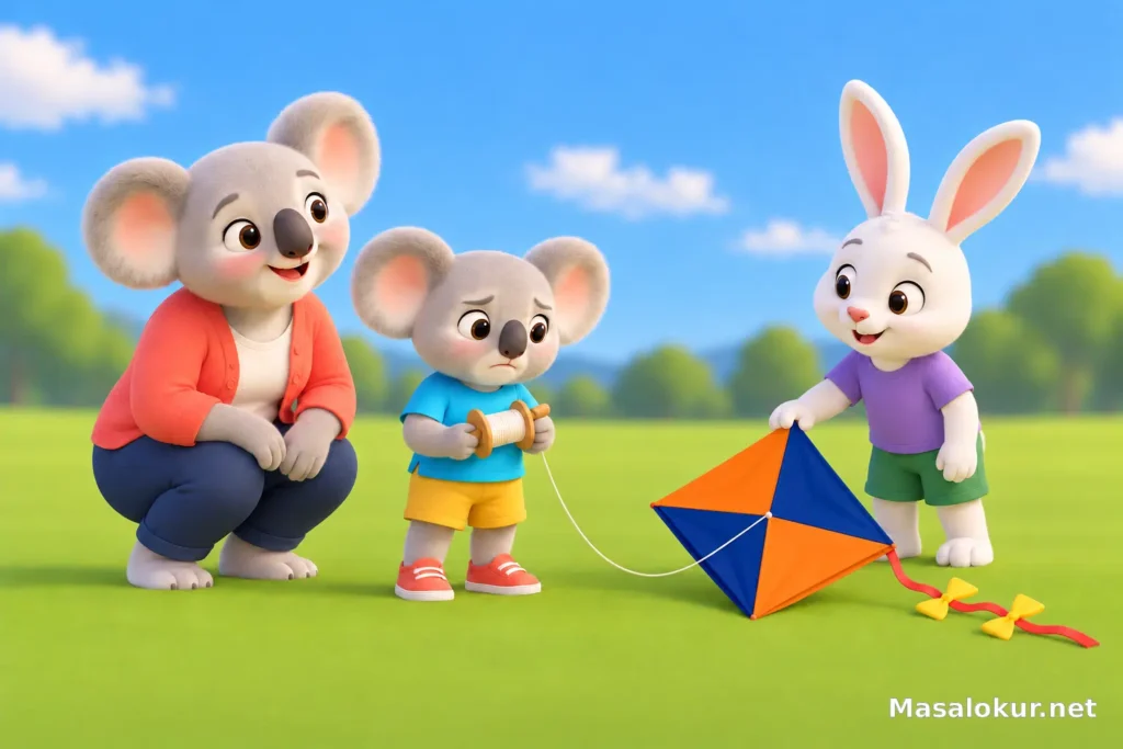 Yavru koala ilk denemede çimenlere inen uçurtmasına bakıyor