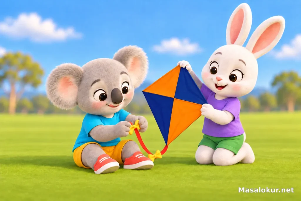 Yavru koala tavşanın yardımıyla uçurtmasının dolanan kuyruğunu düzeltiyor