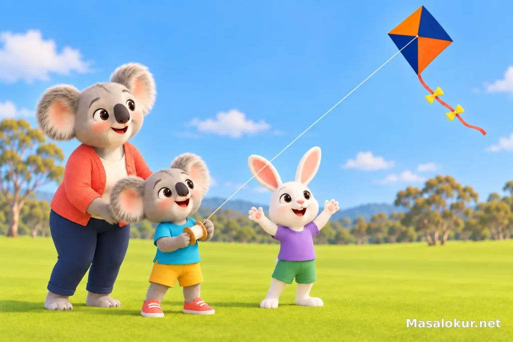 Yavru koala annesi ve tavşanla uçan uçurtmasını izliyor