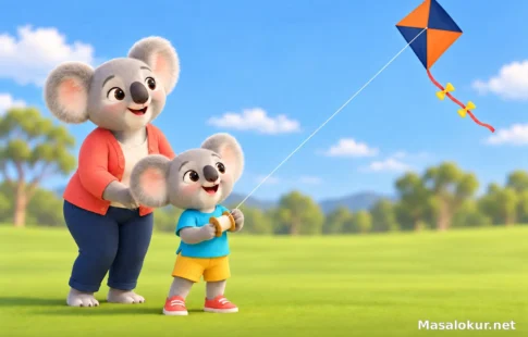 Yavru koala annesiyle renkli uçurtmasını gökyüzünde sevinçle izliyor