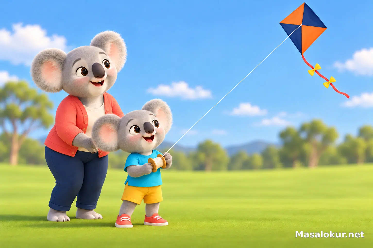 Yavru koala annesiyle renkli uçurtmasını gökyüzünde sevinçle izliyor
